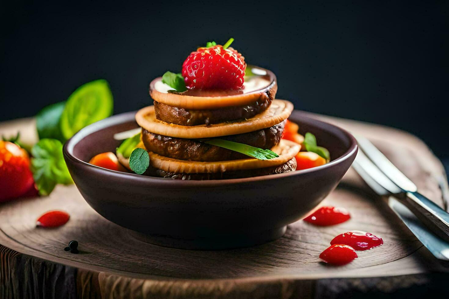 a plate of food with strawberries and mushrooms. AI-Generated photo