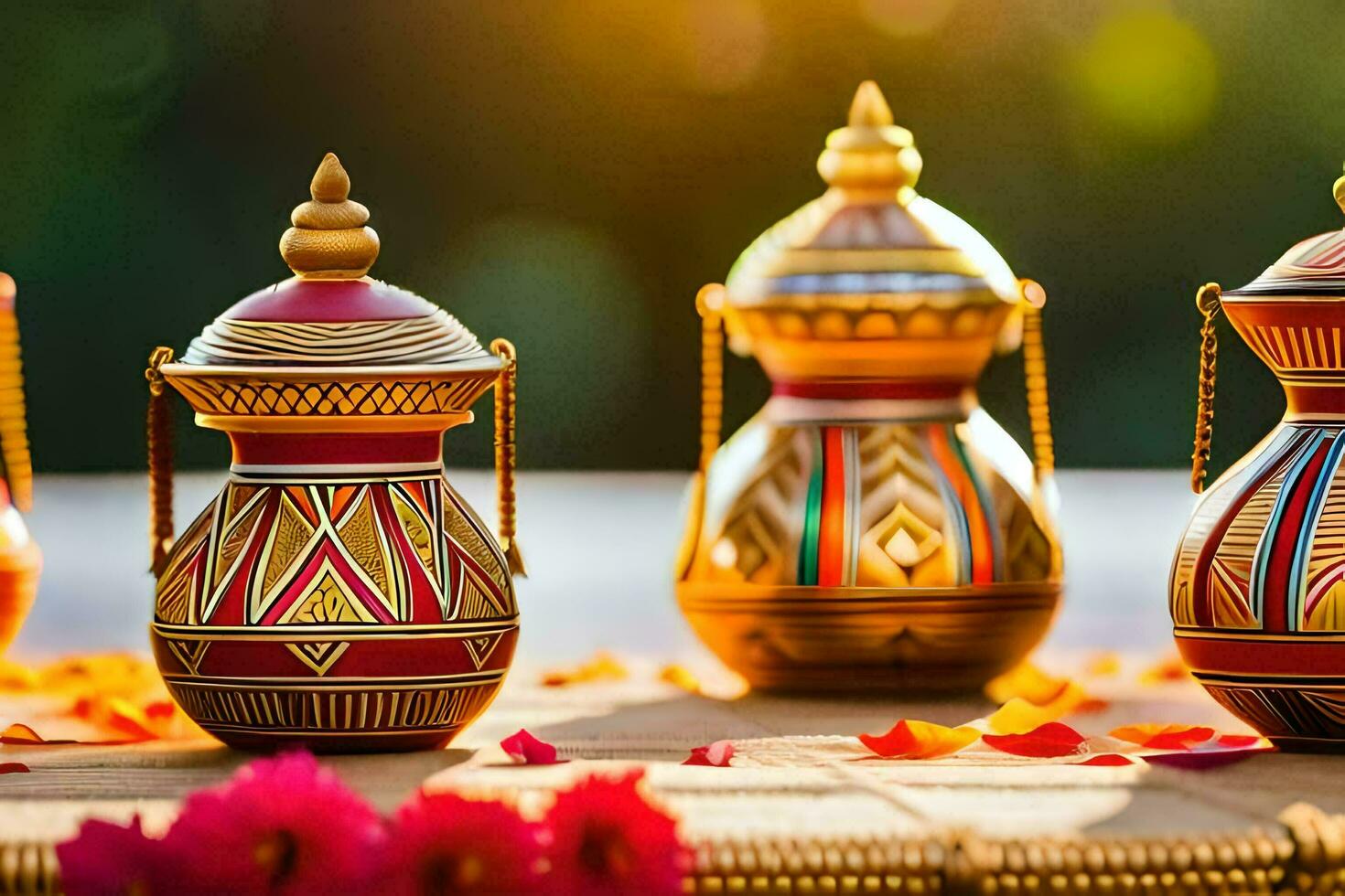 three colorful painted pots on a wooden table. AI-Generated photo
