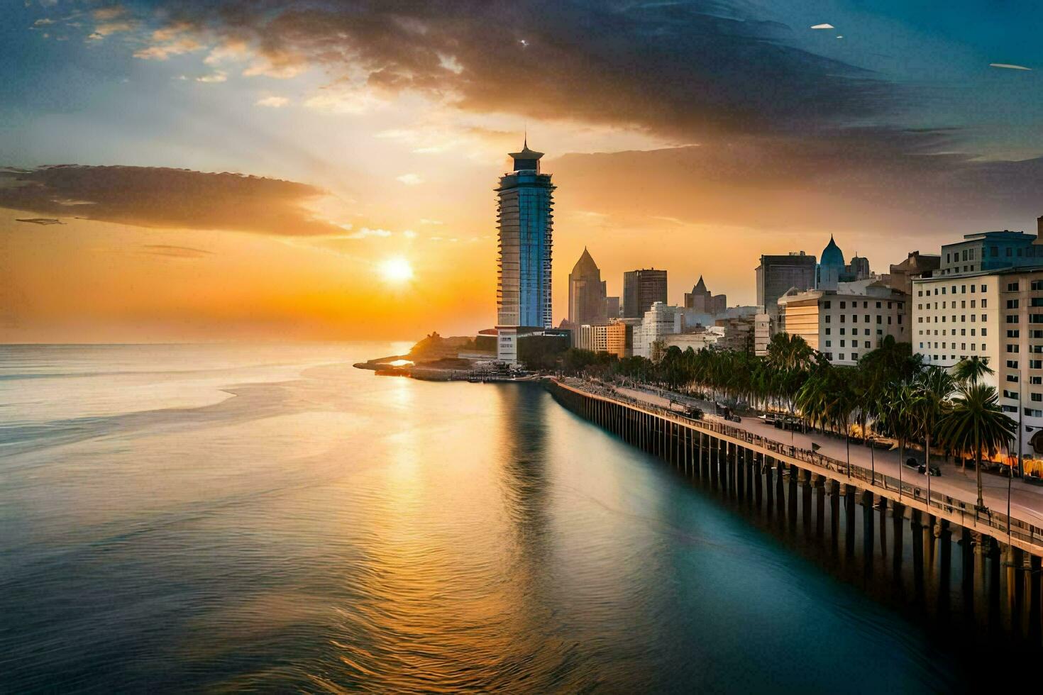 the sun sets over a city skyline and water. AI-Generated photo