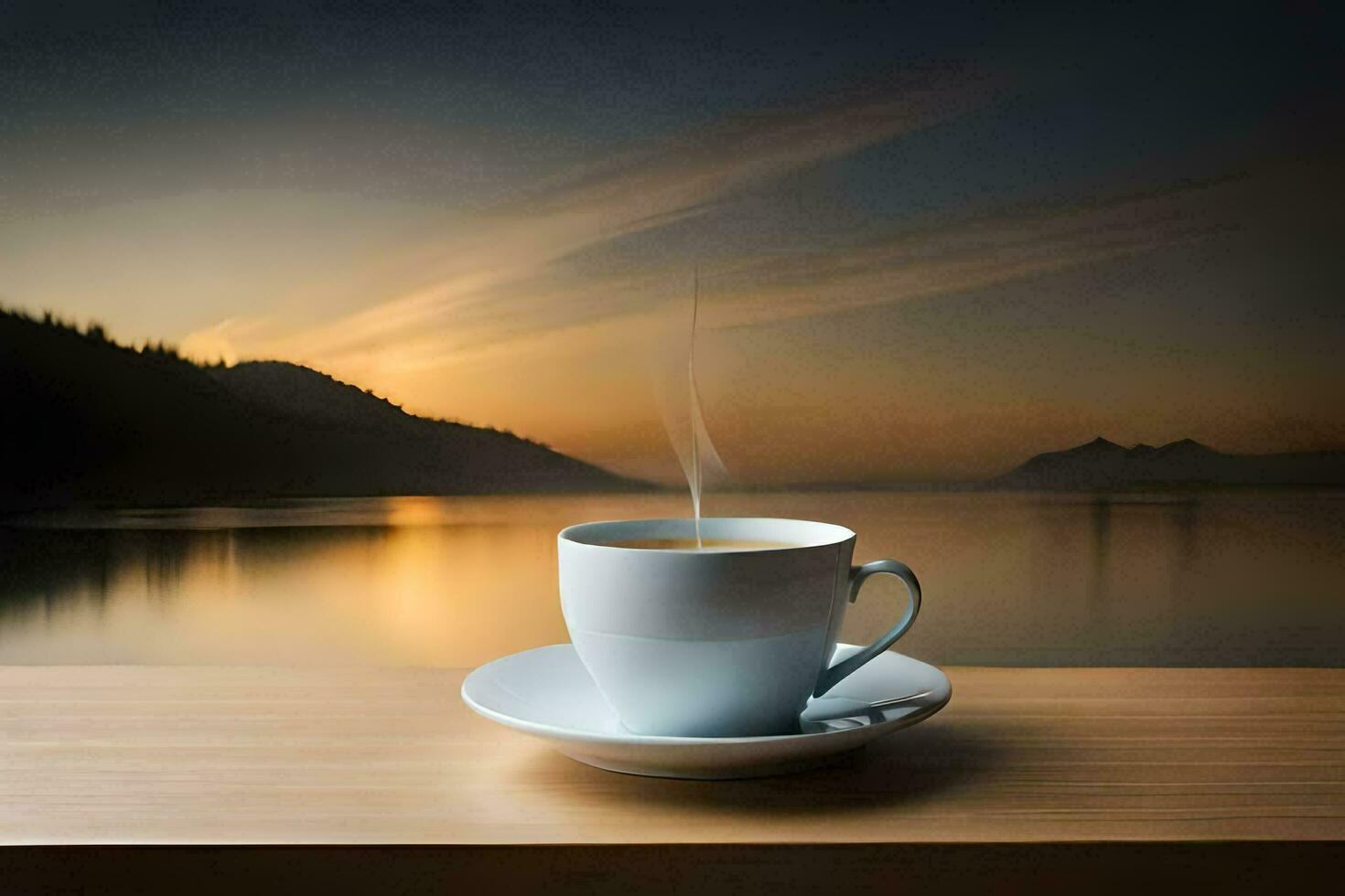 un taza de café en un mesa en frente de un lago a puesta de sol. generado por ai foto