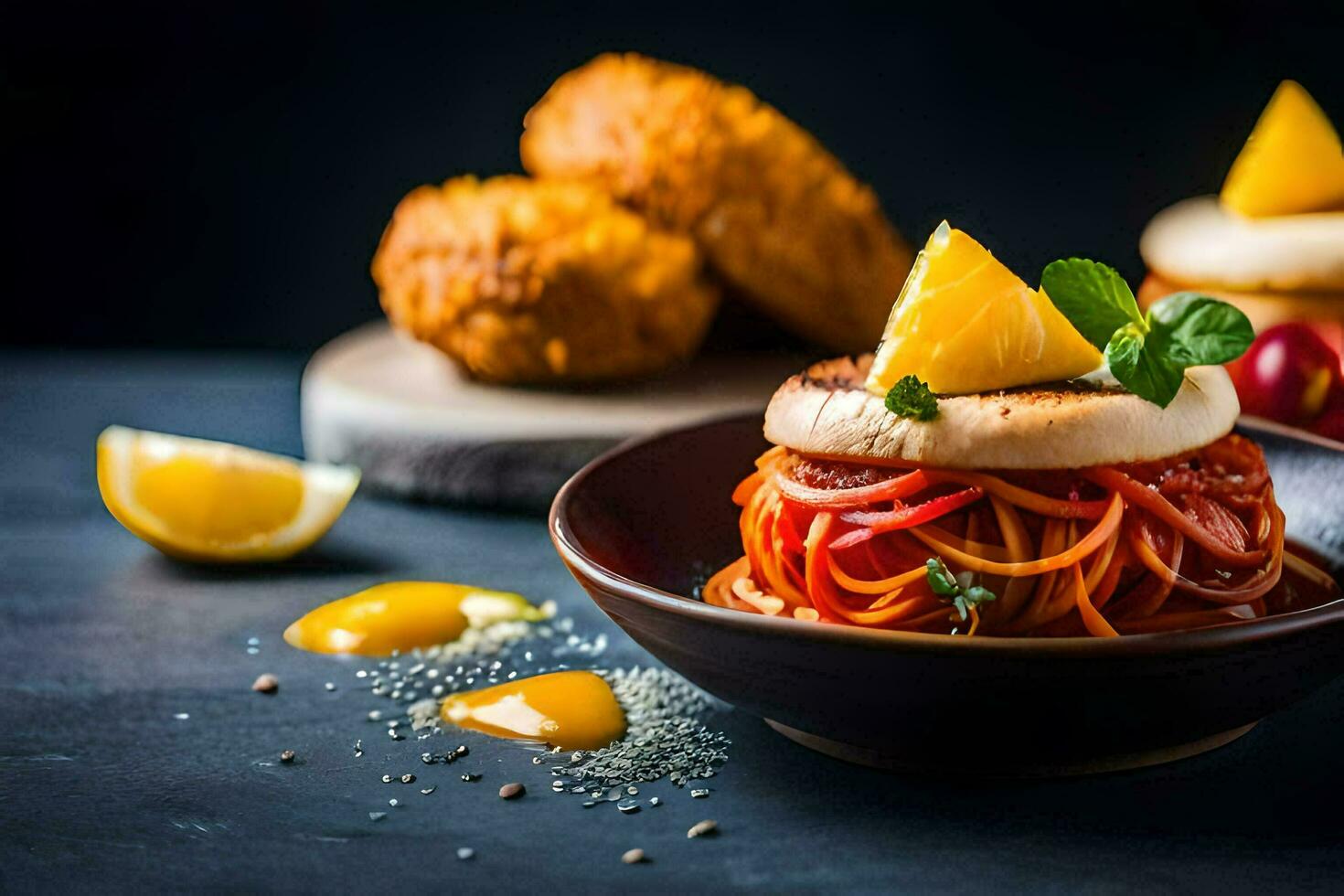 a bowl of spaghetti with meatballs and cheese. AI-Generated photo