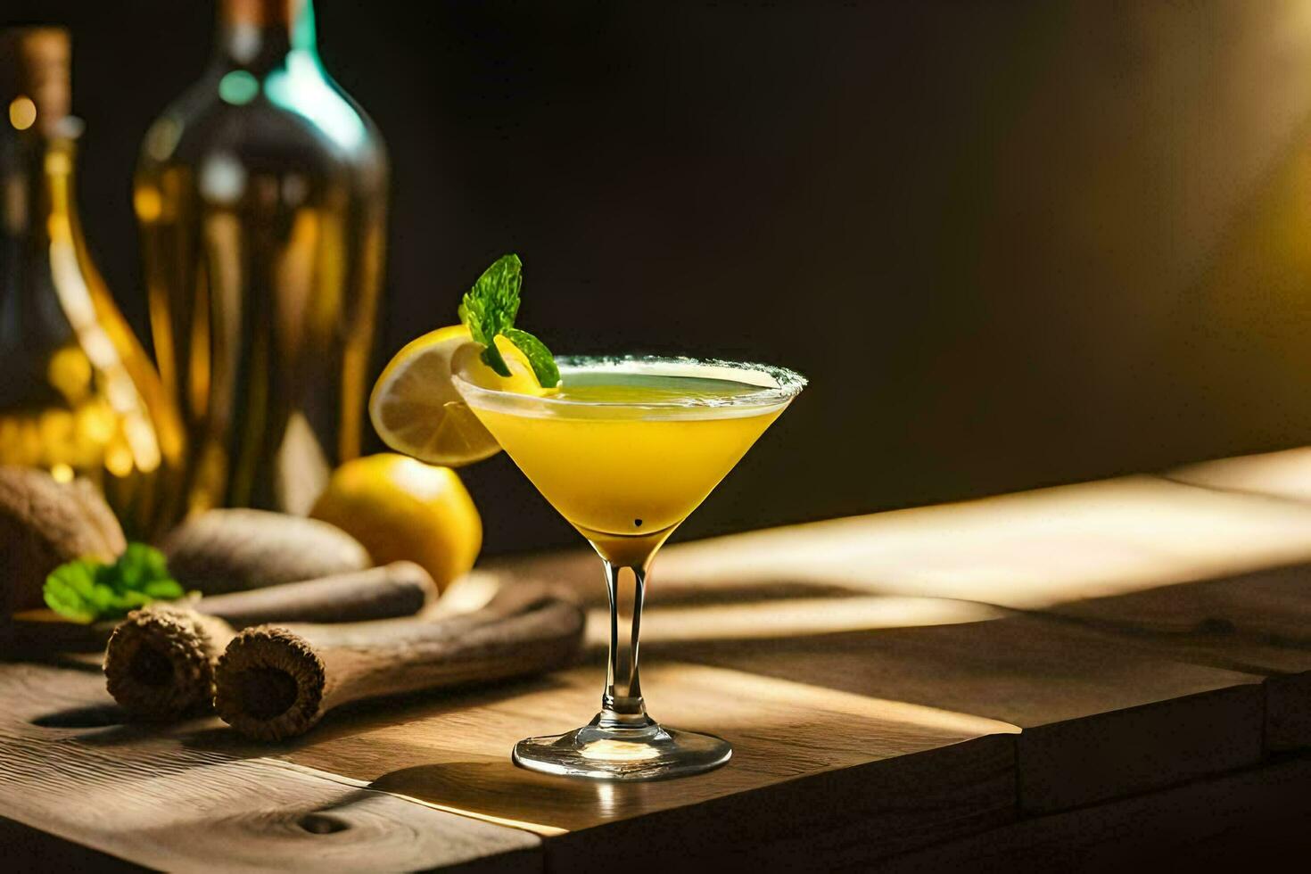 a cocktail with lemon and mint on a wooden table. AI-Generated photo