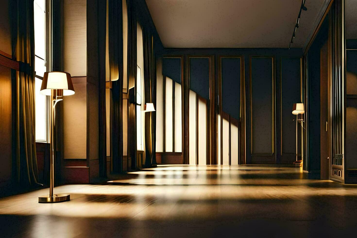 un largo pasillo con de madera pisos y lámparas generado por ai foto