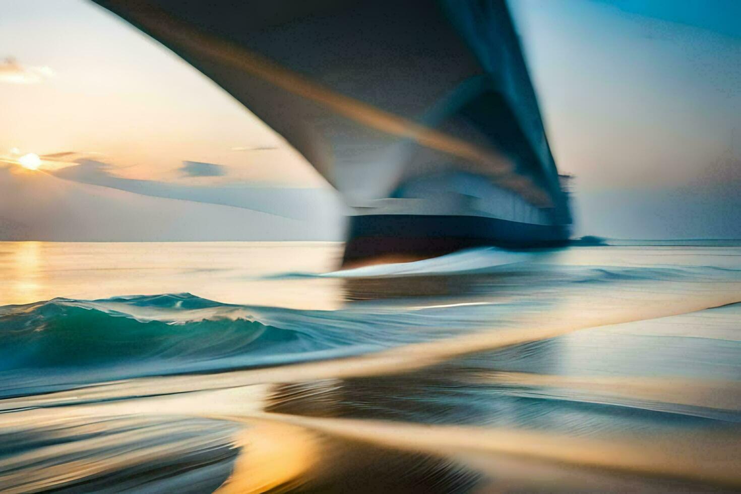 un largo exposición fotografía de el Oceano y un puente a puesta de sol. generado por ai foto