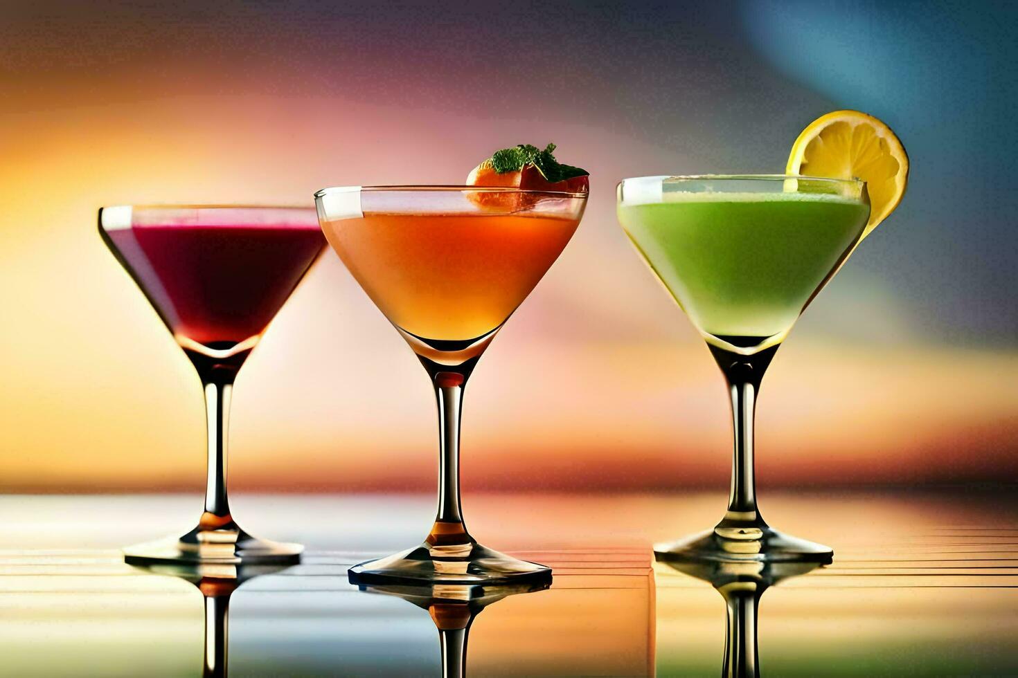 three different colored cocktails in glasses on a table. AI-Generated photo