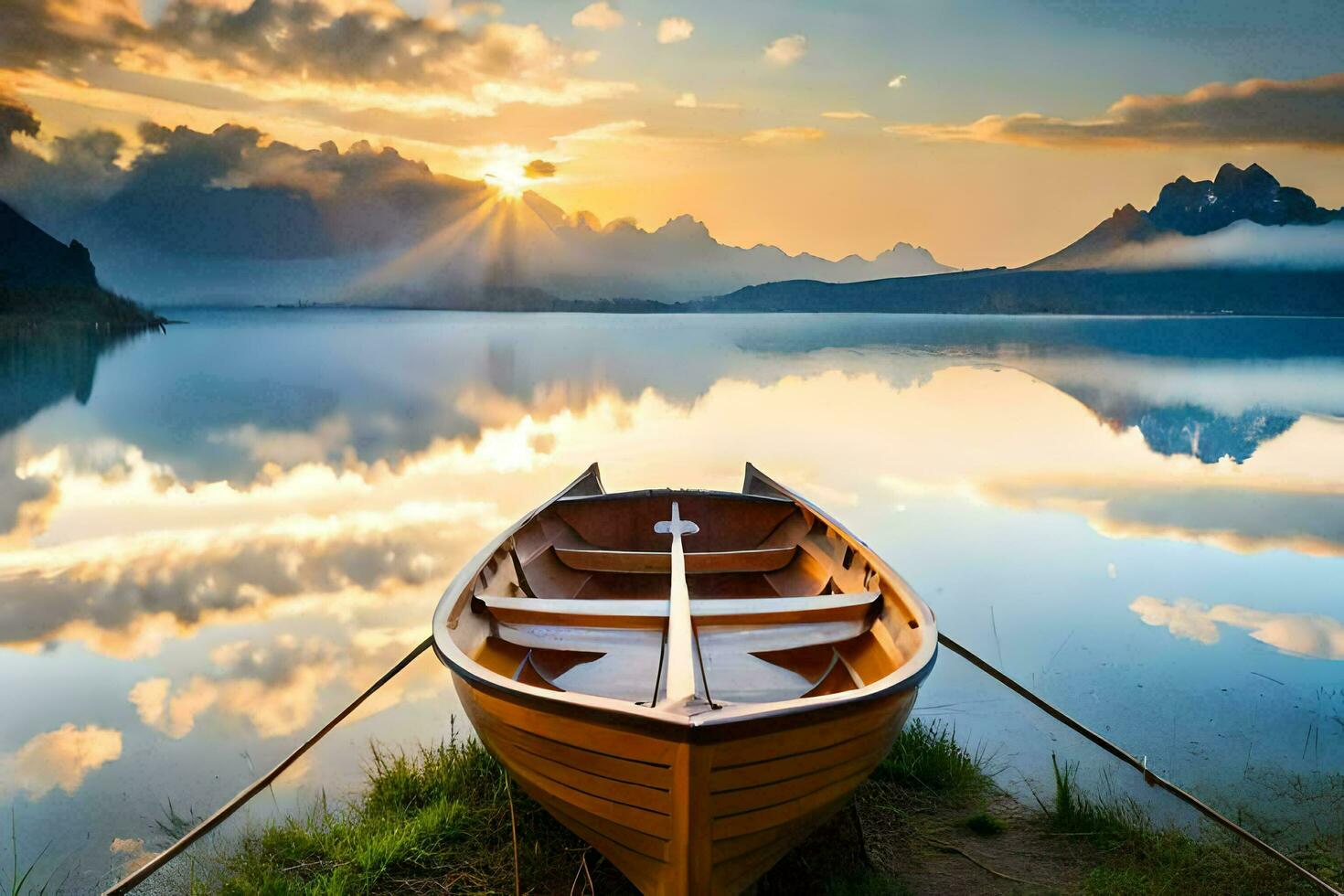 the boat on the lake wallpaper. AI-Generated photo