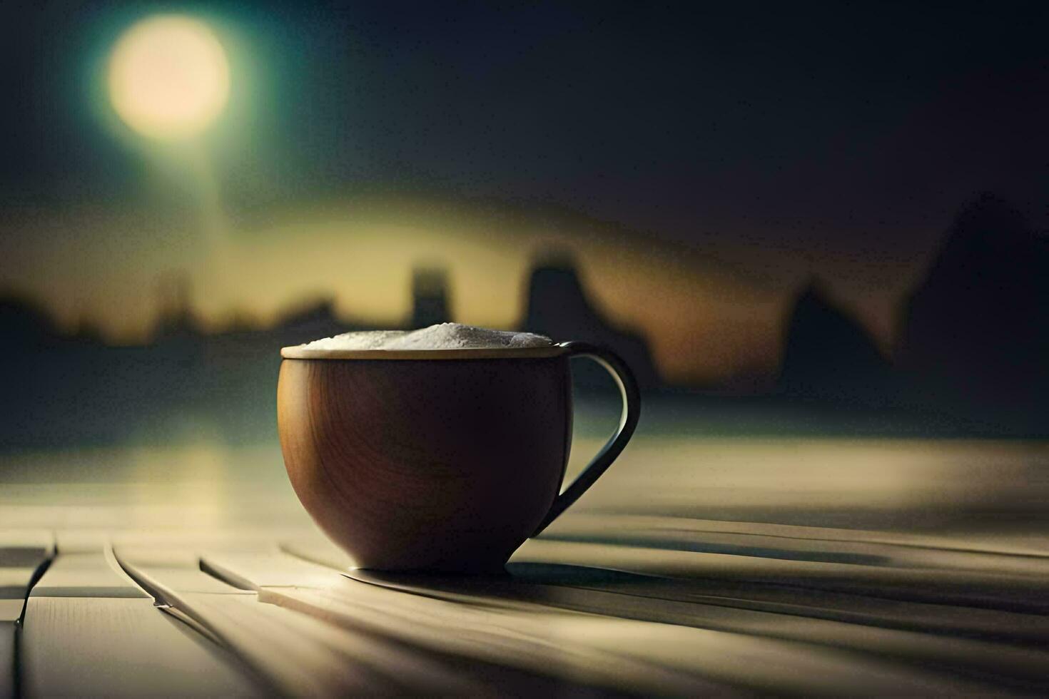 a cup of coffee on a table in front of a city at night. AI-Generated photo