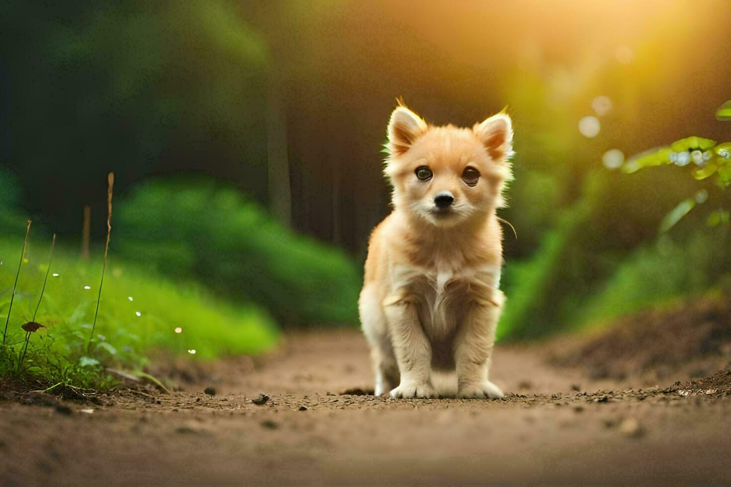 a small puppy standing on a dirt road. AI-Generated photo