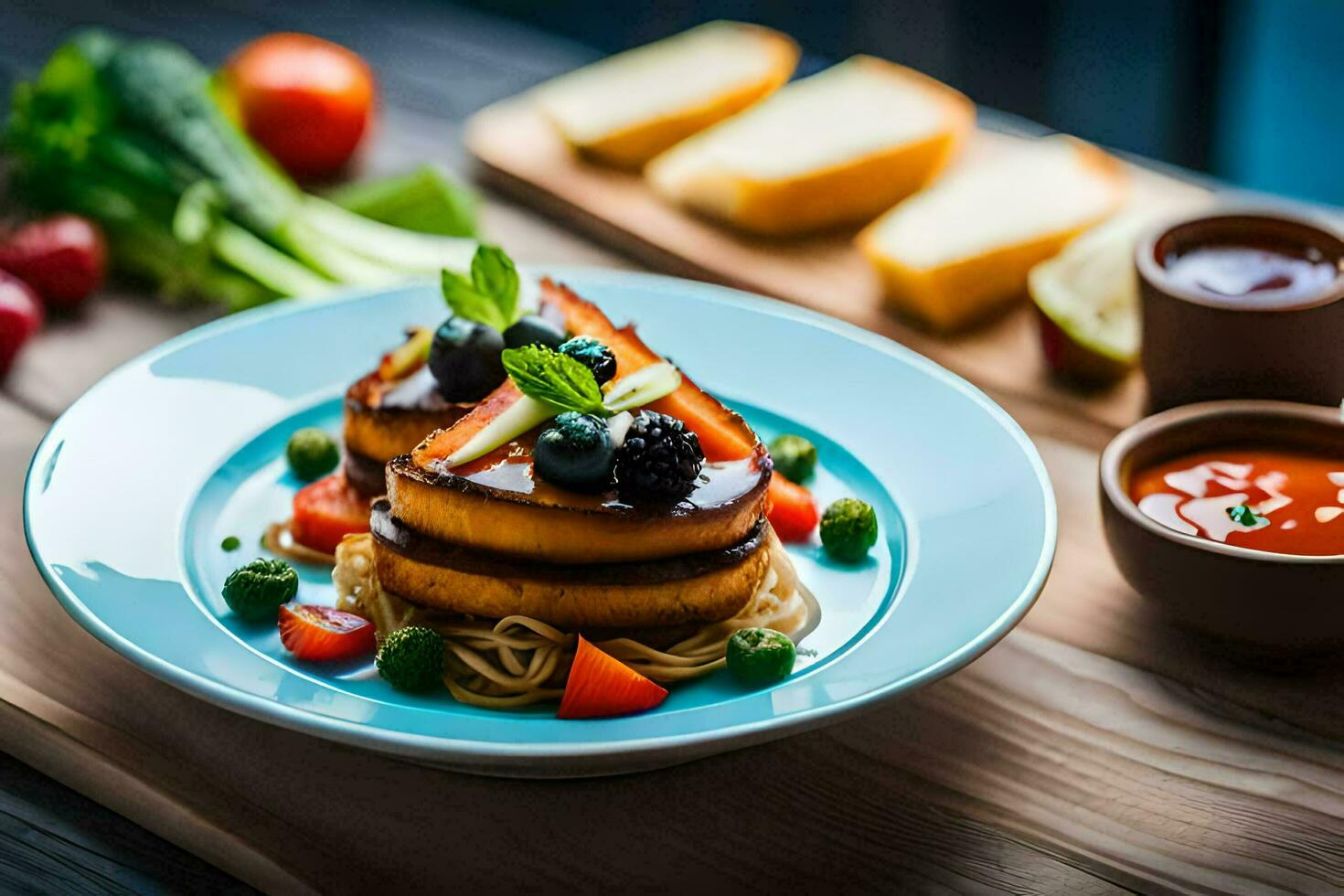 un plato de comida con vegetales y un pan. generado por ai foto