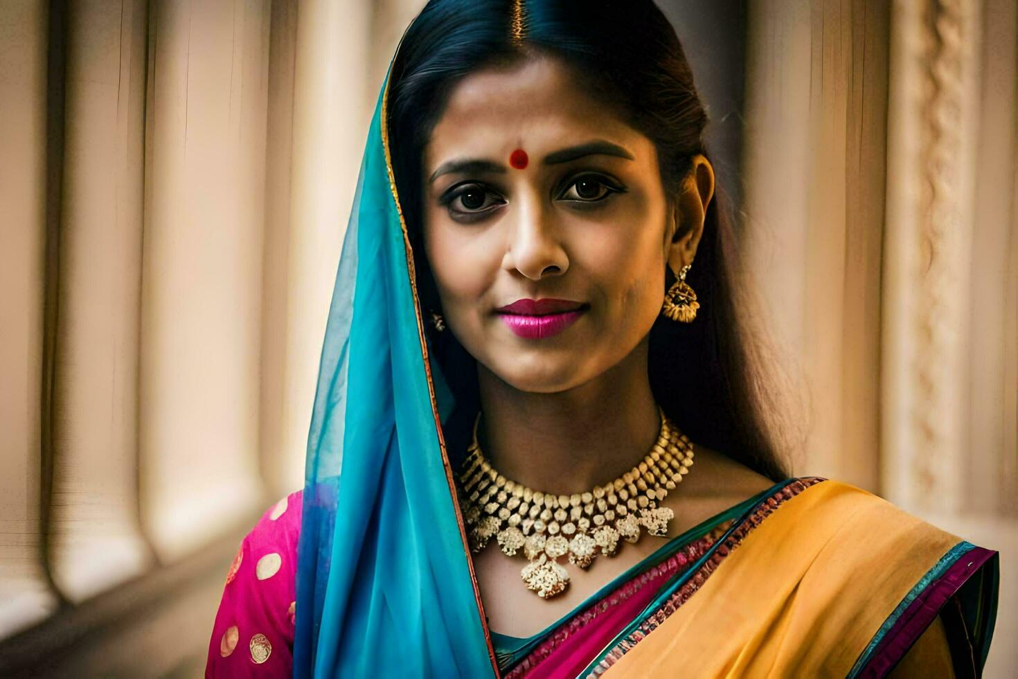 a beautiful indian woman wearing a colorful sari. AI-Generated photo