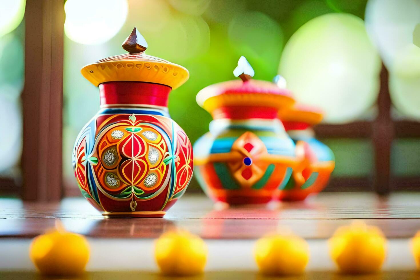 colorful vases with candles on a table. AI-Generated photo
