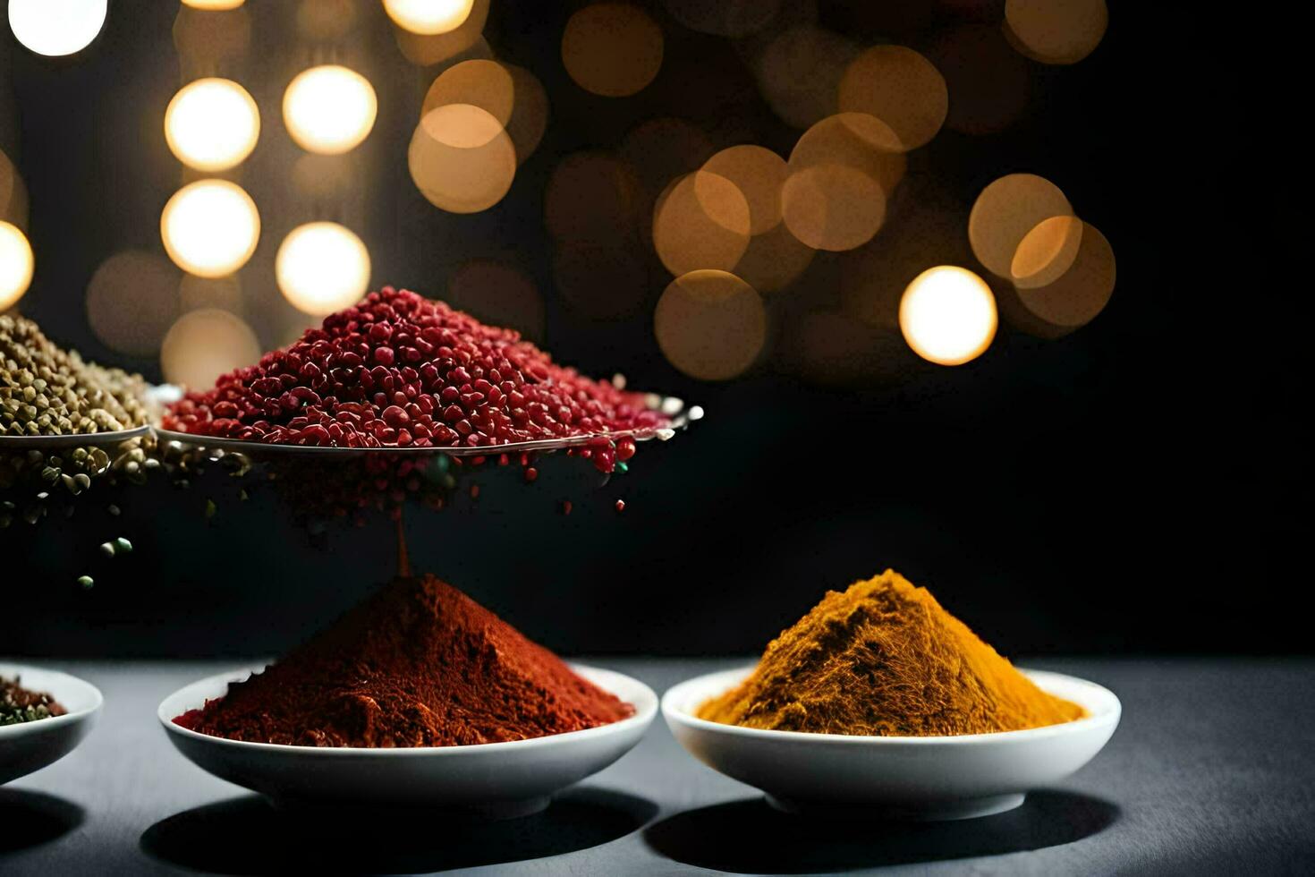 three bowls of spices on a table. AI-Generated photo