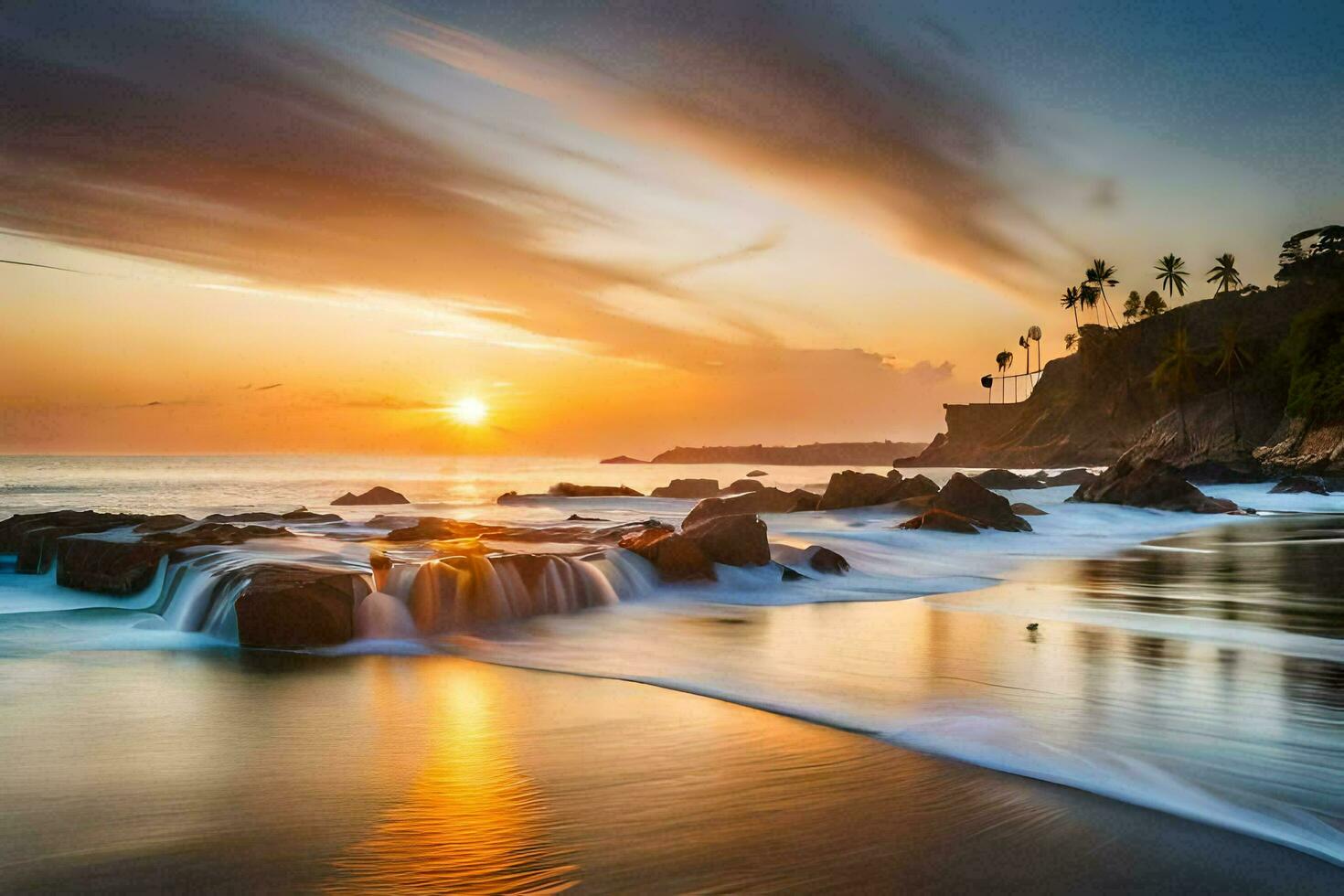 the sun sets over the ocean and rocks on the beach. AI-Generated photo