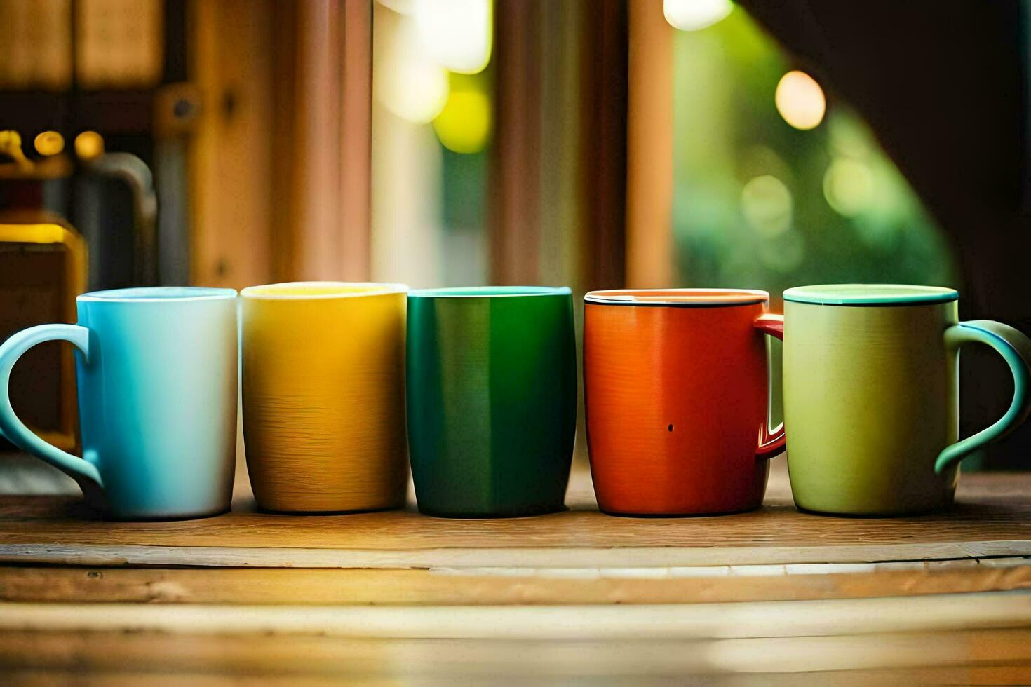 five colorful coffee mugs lined up on a table. AI-Generated photo