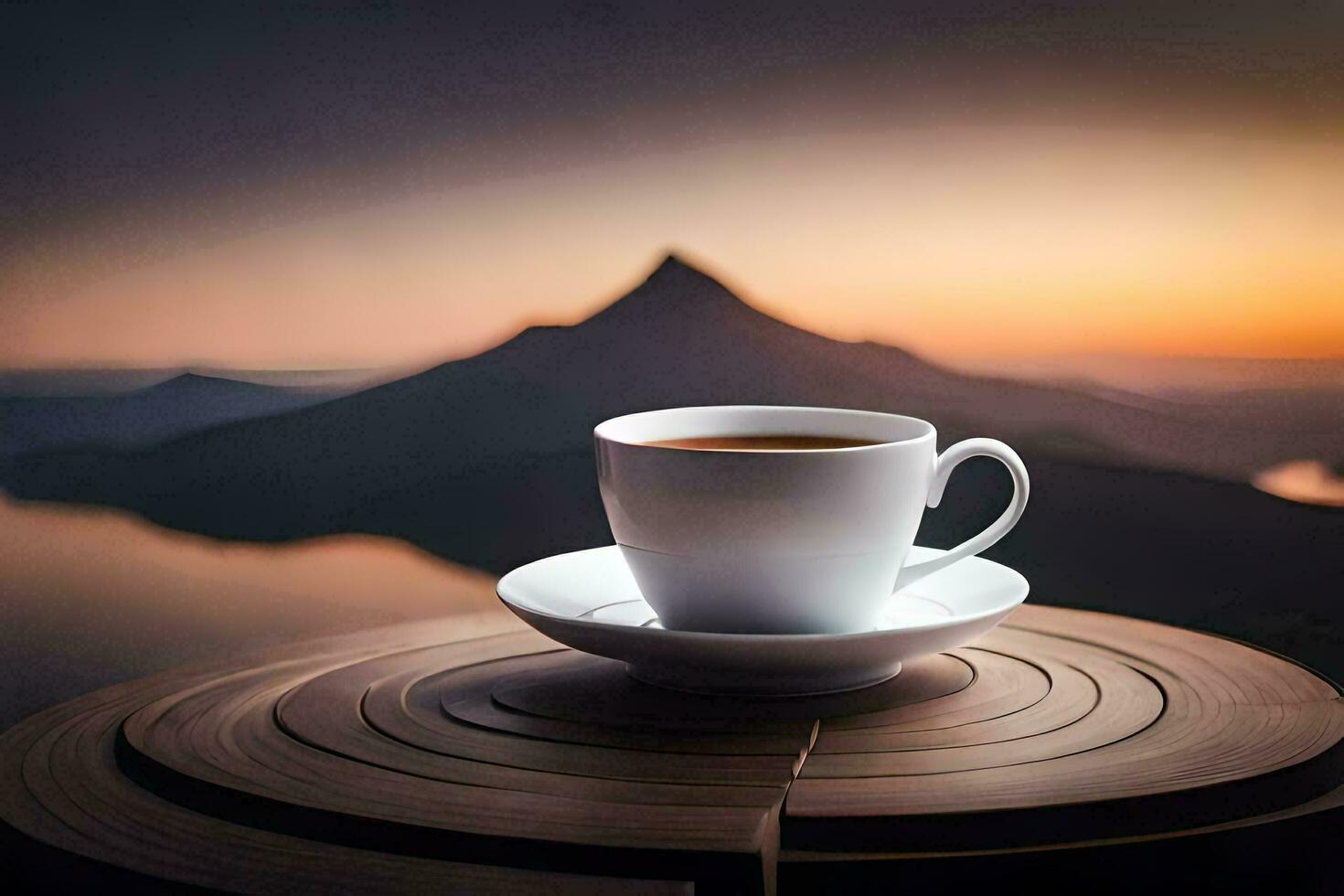 a cup of coffee on a wooden table with a mountain in the background. AI-Generated photo