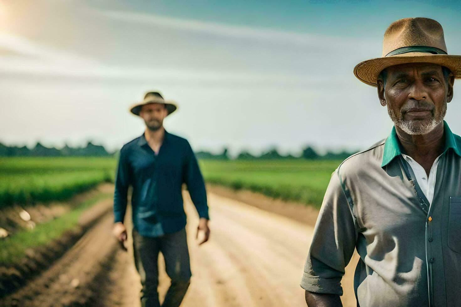 two men walking down a dirt road in the middle of a field. AI-Generated photo