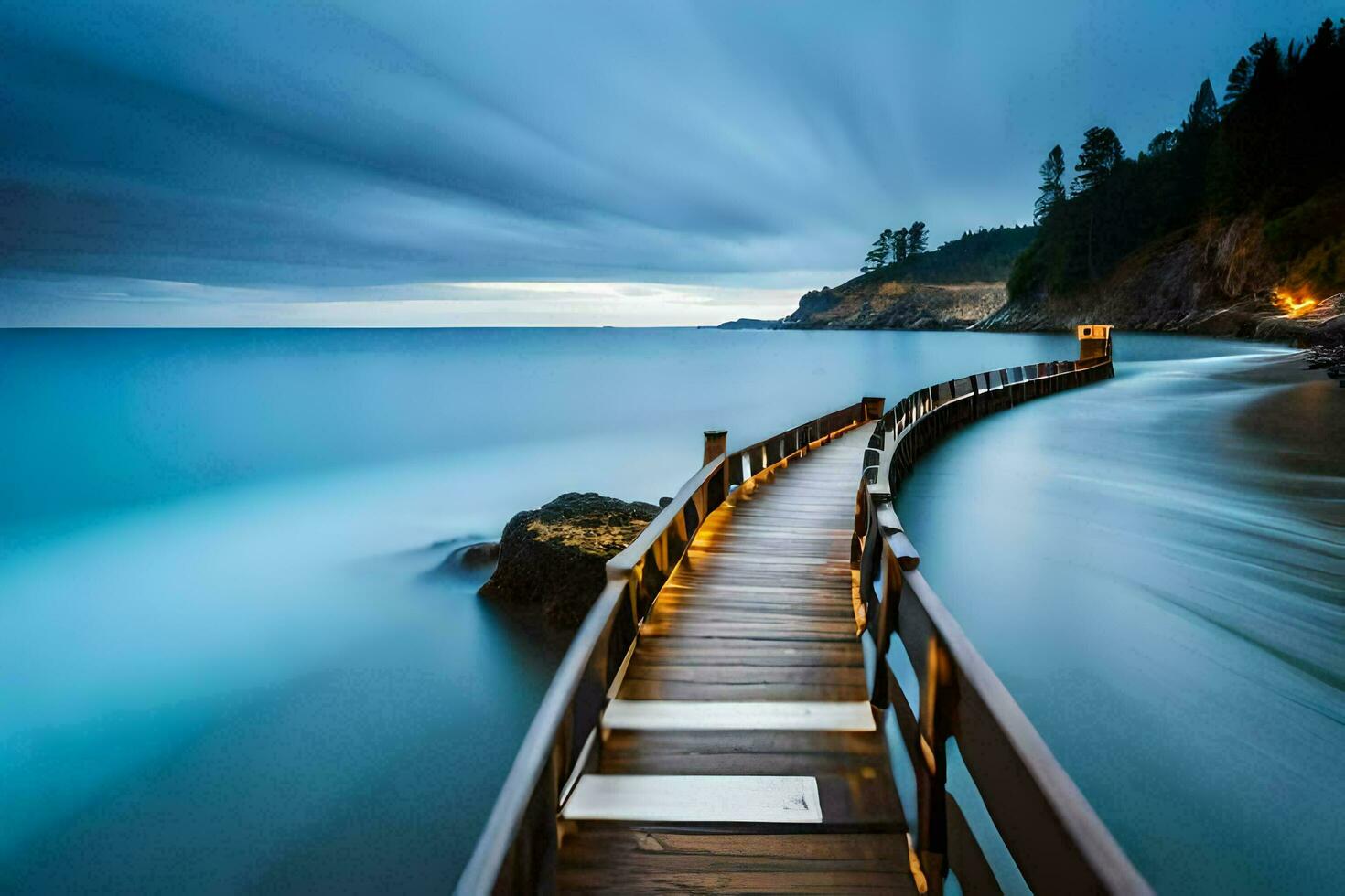 a wooden walkway leads to the ocean at dusk. AI-Generated photo