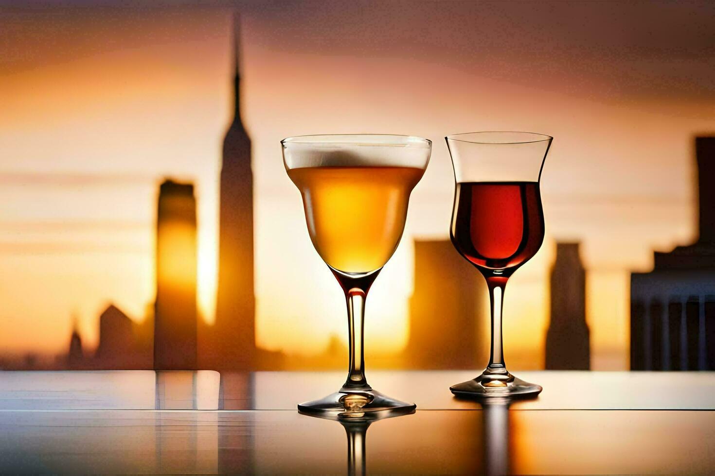two glasses of wine on a table with a city skyline in the background. AI-Generated photo