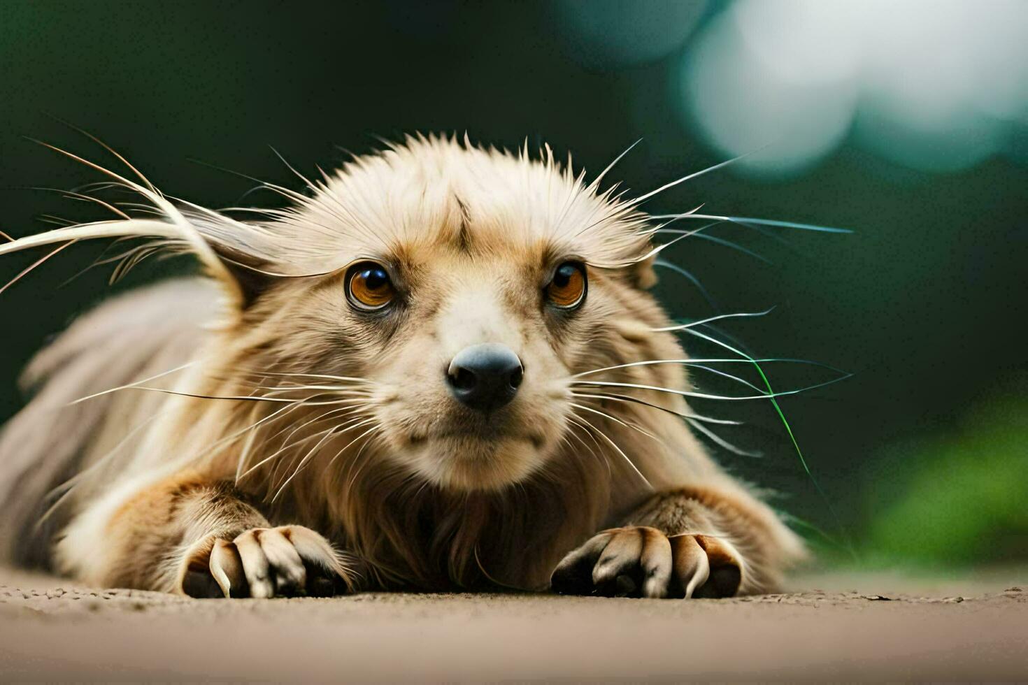 a cat with long hair laying on the ground. AI-Generated photo