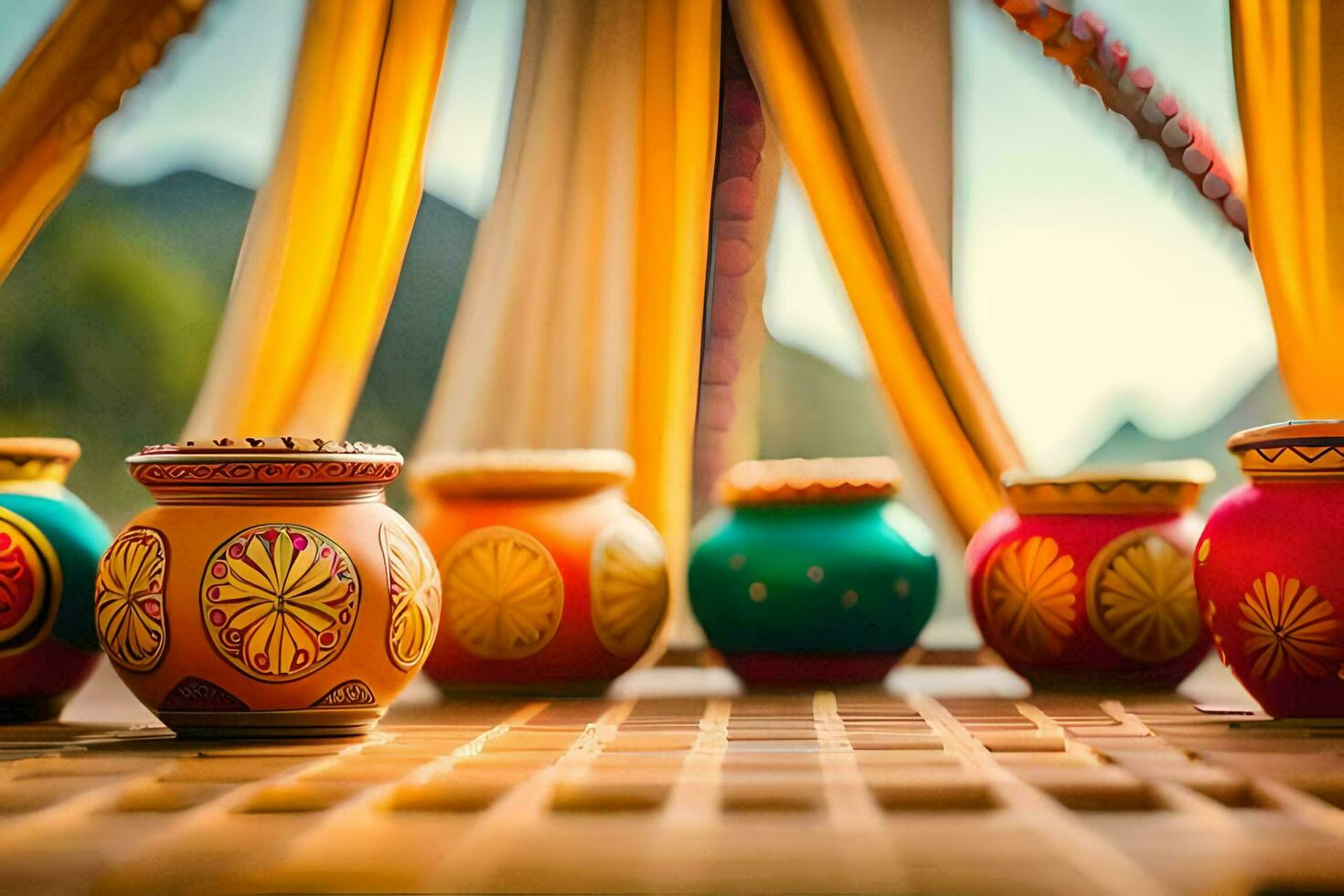 colorful pots on a table with curtains. AI-Generated photo