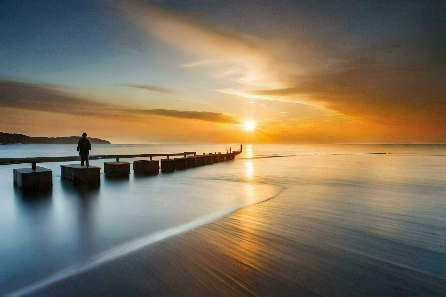 a man stands on a pier at sunset. AI-Generated photo