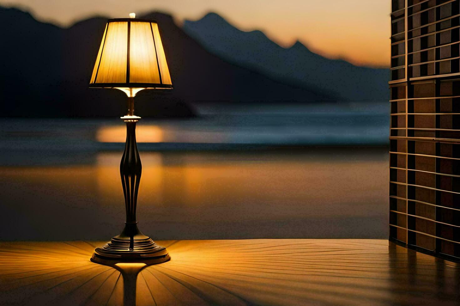 a lamp on a table in front of a window. AI-Generated photo