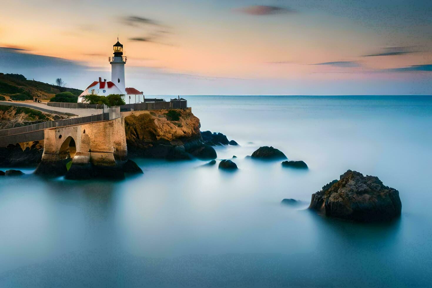 un faro se sienta en el rocas a puesta de sol. generado por ai foto