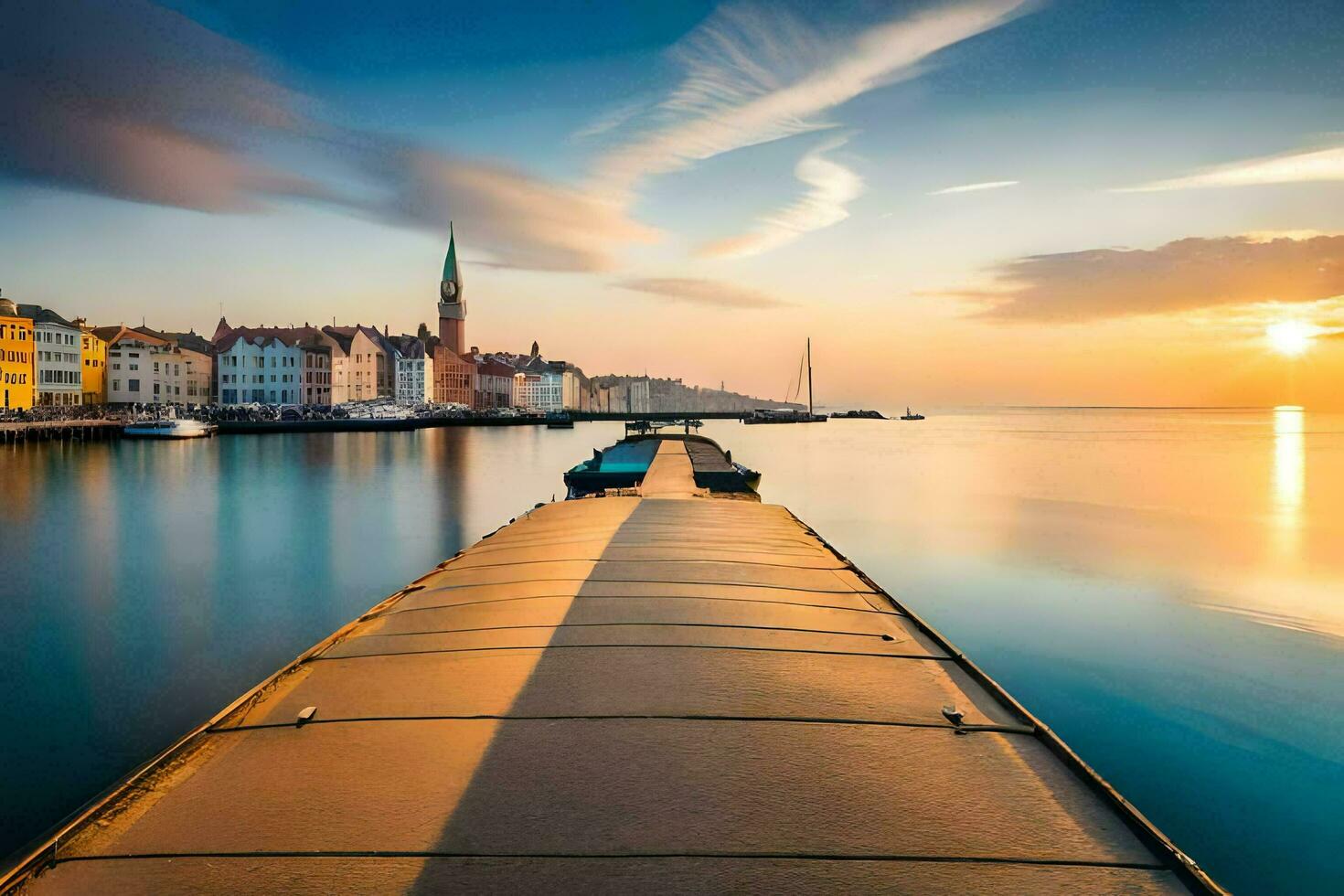 a pier in the water at sunset with buildings in the background. AI-Generated photo