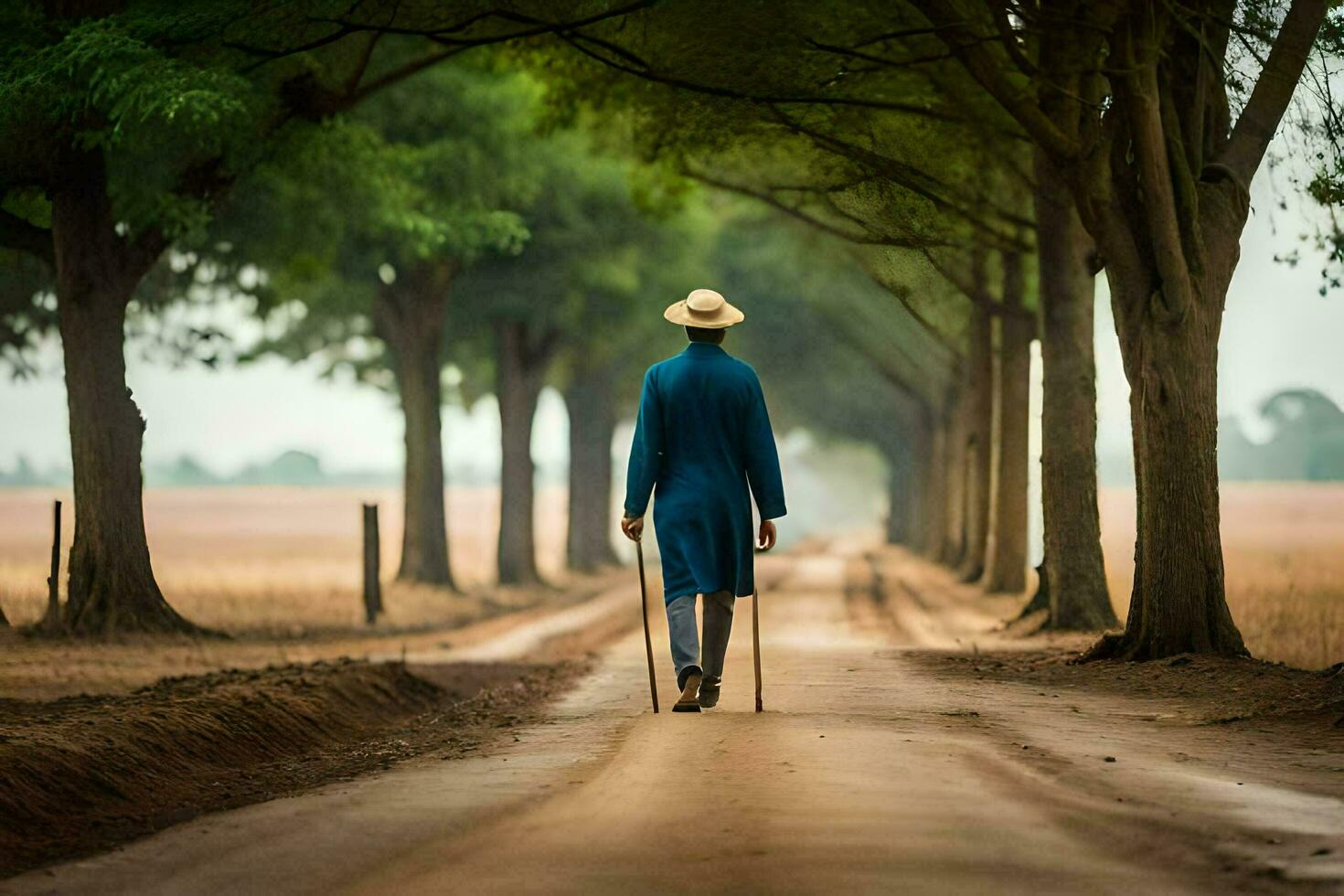 a man in a blue coat walking down a dirt road. AI-Generated photo