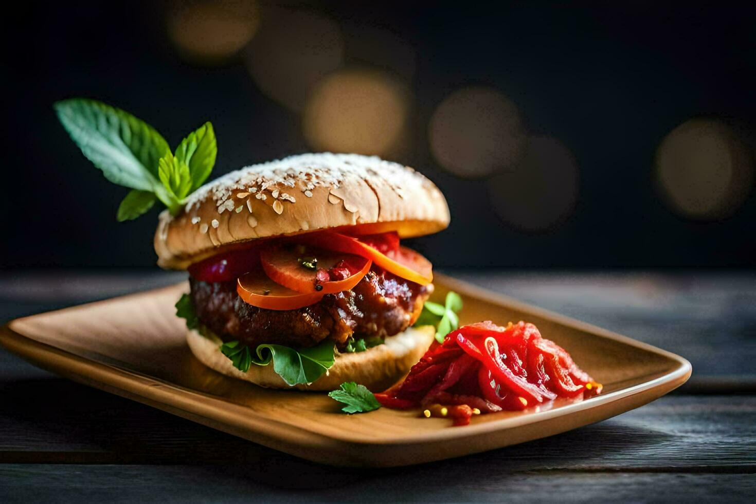 a hamburger with tomato, lettuce and pickles on a wooden plate. AI-Generated photo