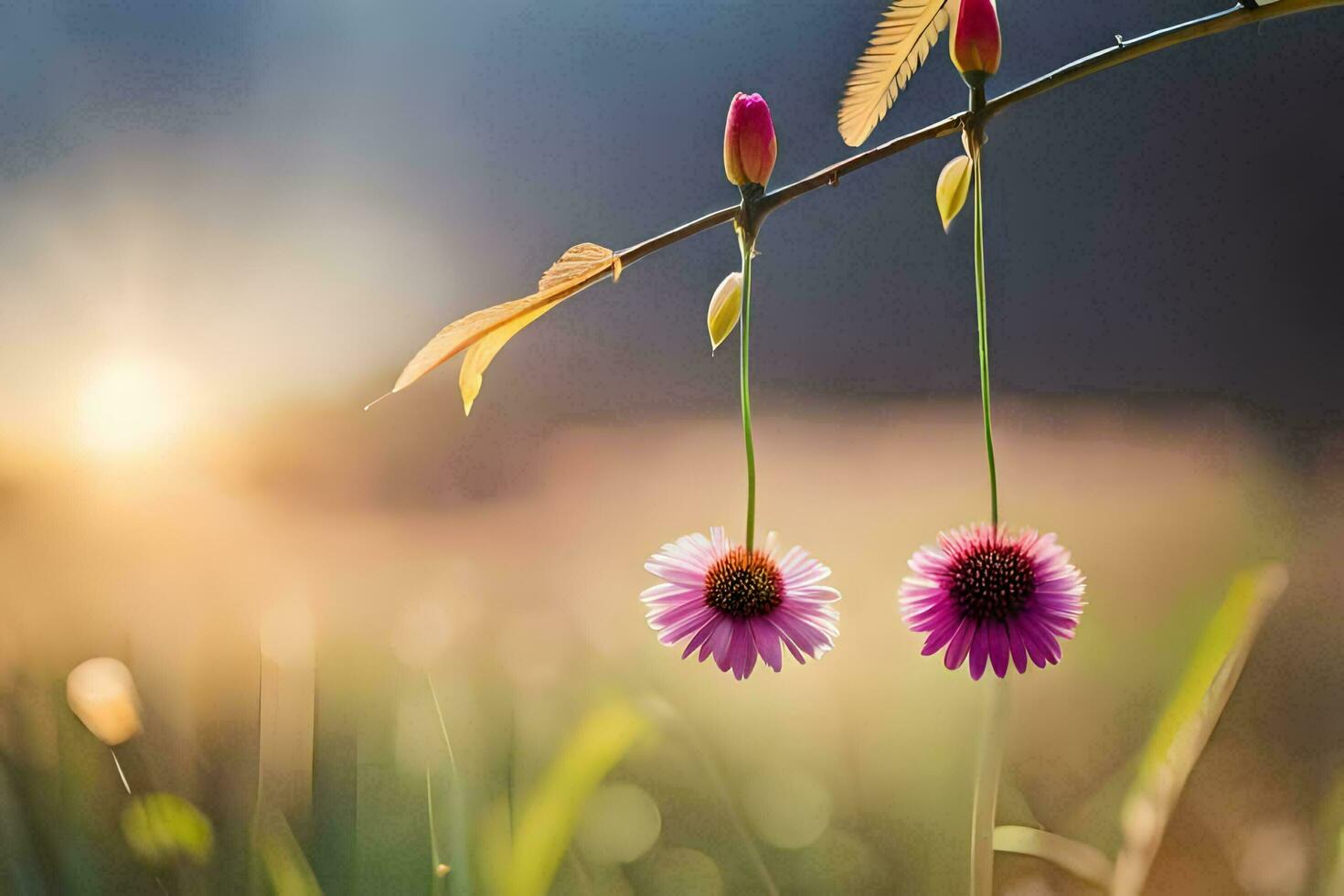 two flowers hanging from a branch in the grass. AI-Generated photo