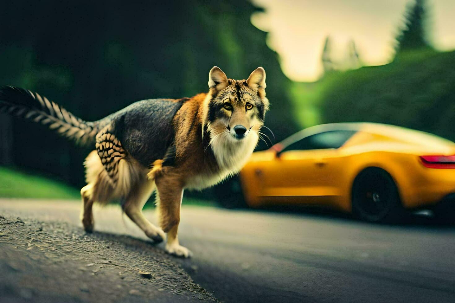 a wolf is walking in front of a yellow sports car. AI-Generated photo