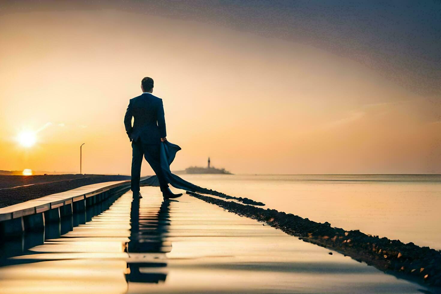 a man in a suit walks along a pier at sunset. AI-Generated photo