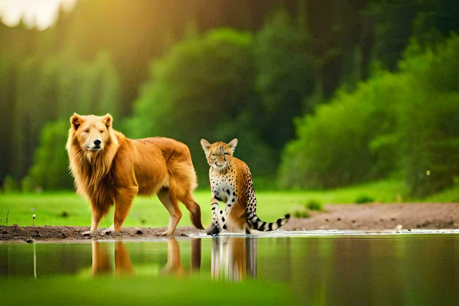 un león y un leopardo en pie siguiente a un río. generado por ai foto