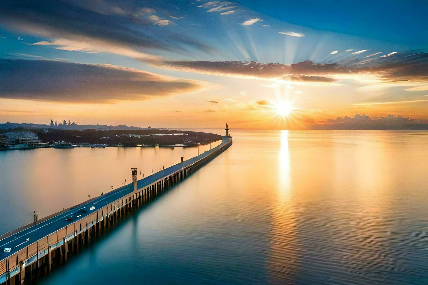 the sun is setting over a pier in the ocean. AI-Generated photo