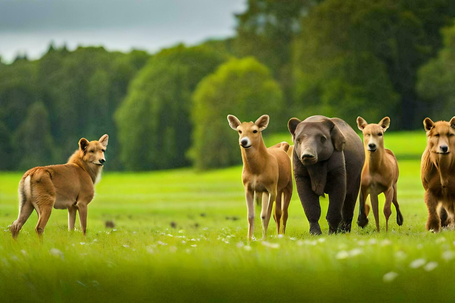 a group of deer and a brown bear in the grass. AI-Generated photo