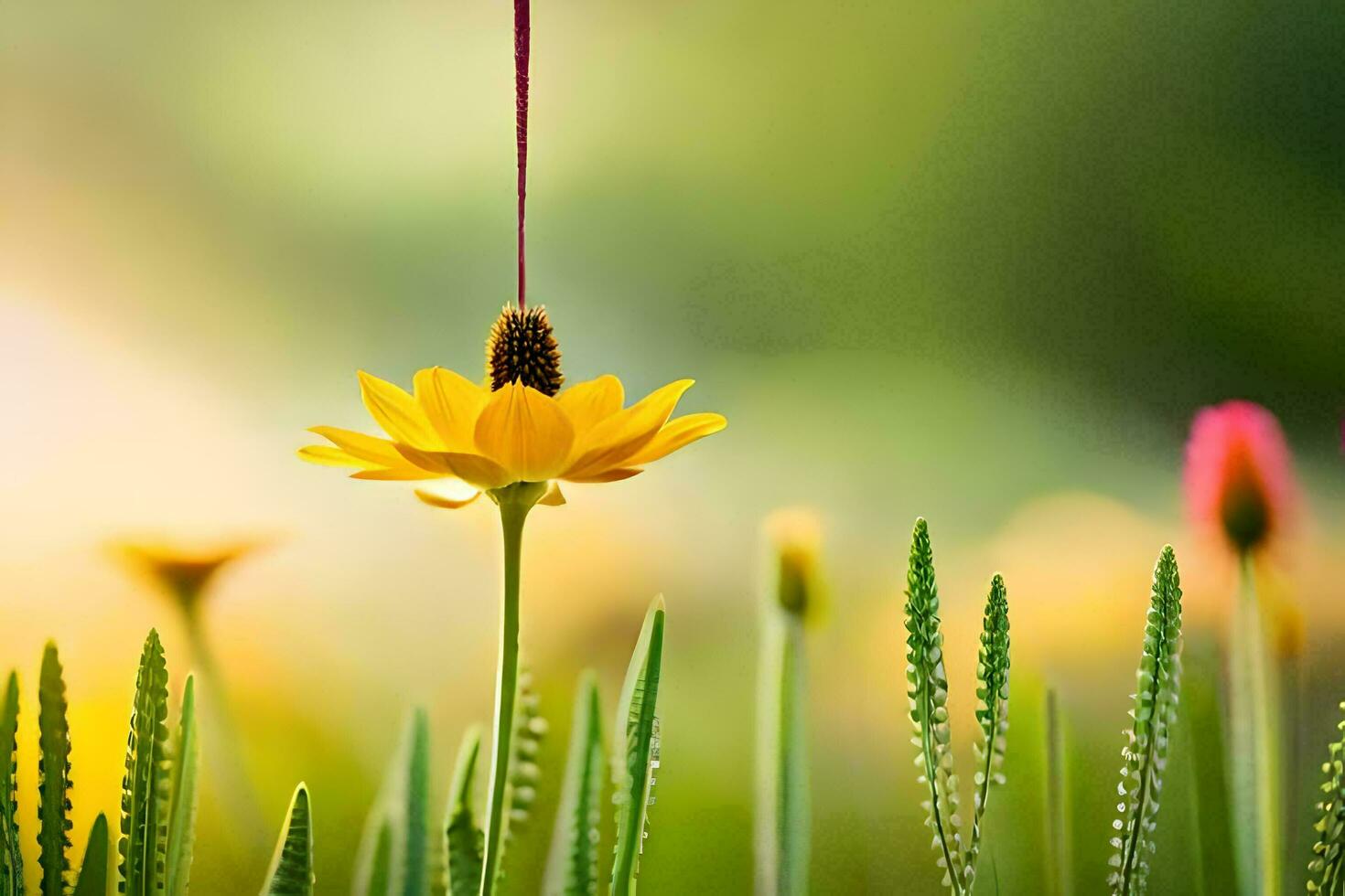 a yellow flower is hanging from a string. AI-Generated photo