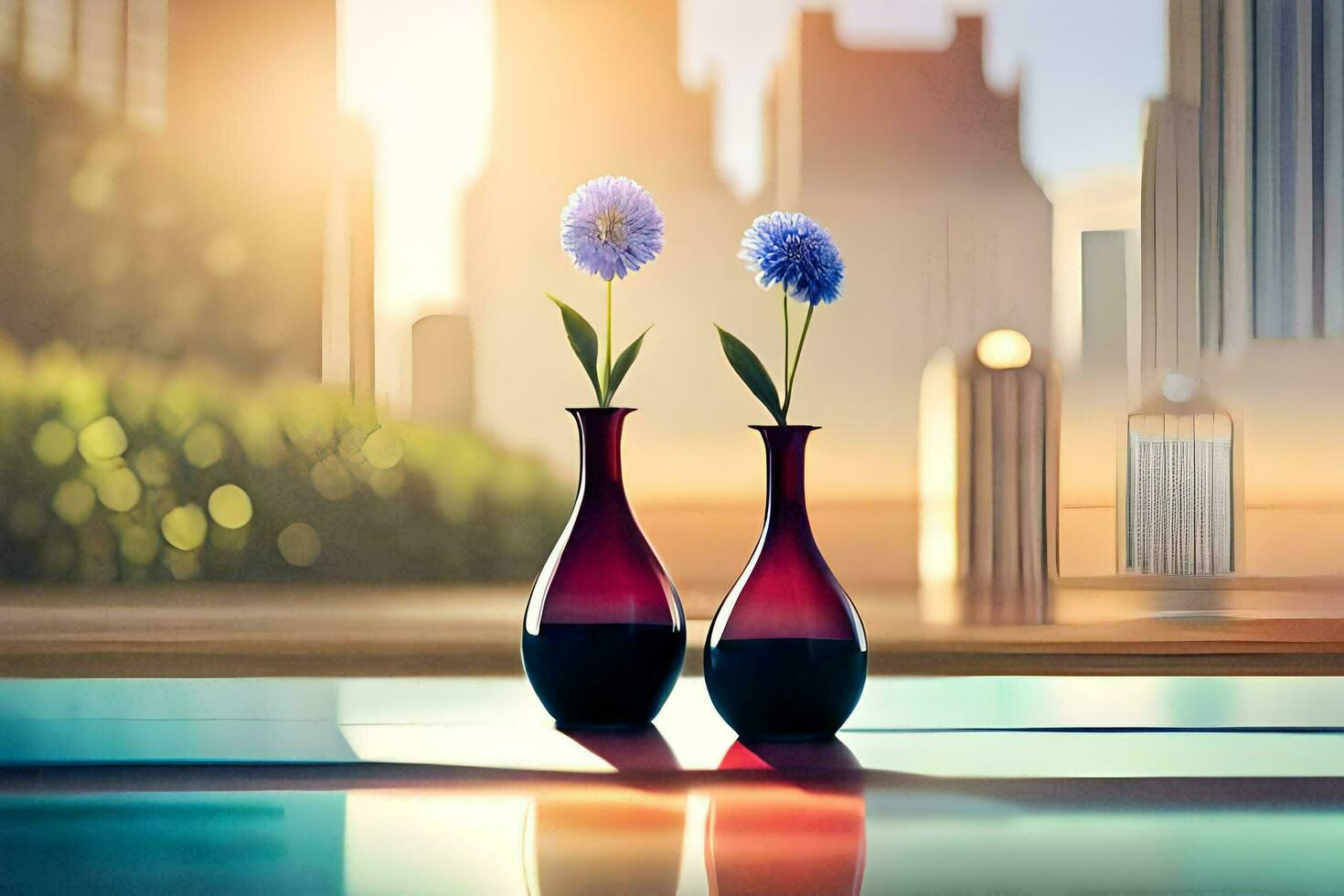 two vases with flowers on a table in front of a cityscape. AI-Generated photo