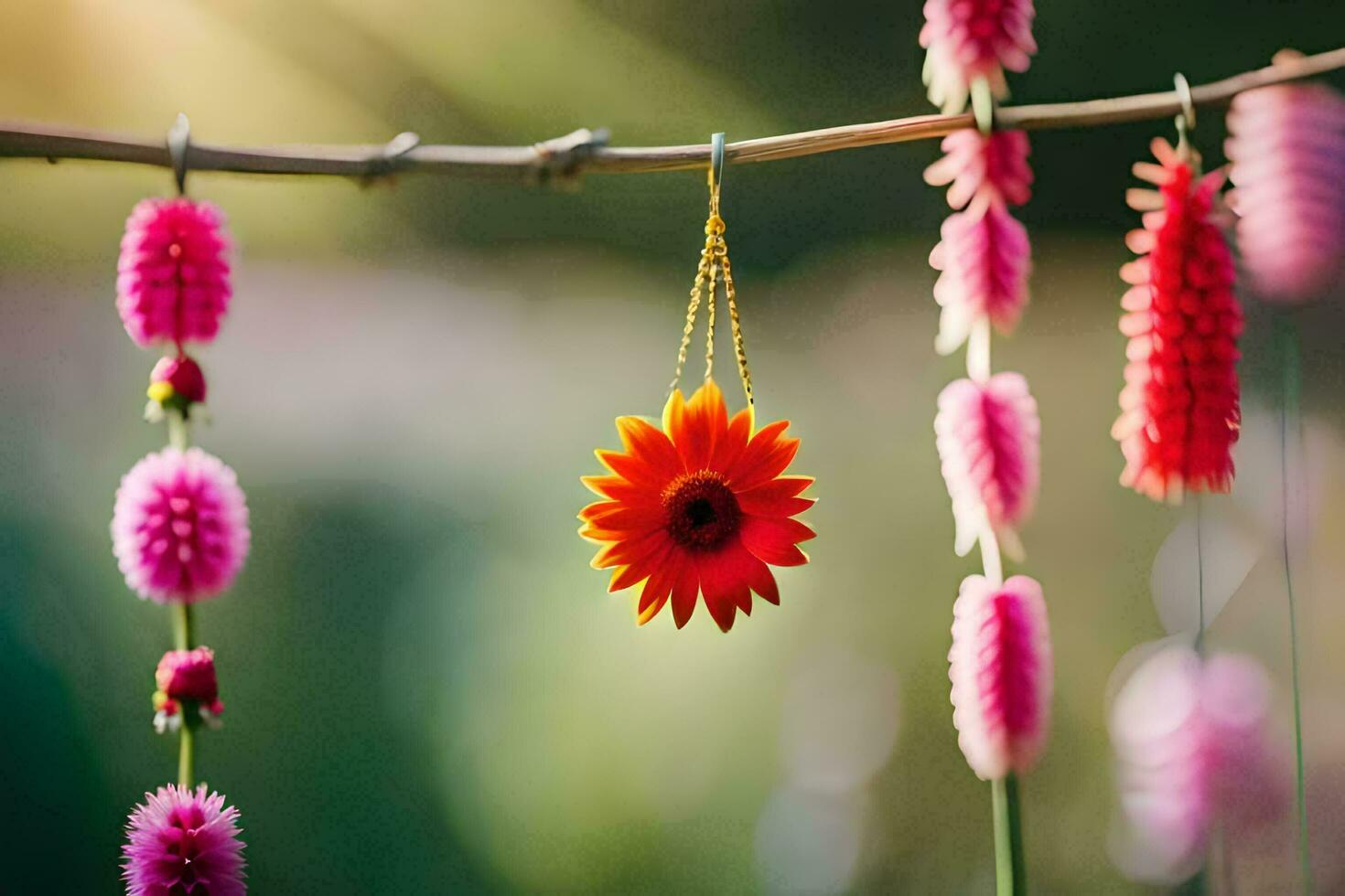 un flor colgando desde un cable con rosado y rojo flores generado por ai foto