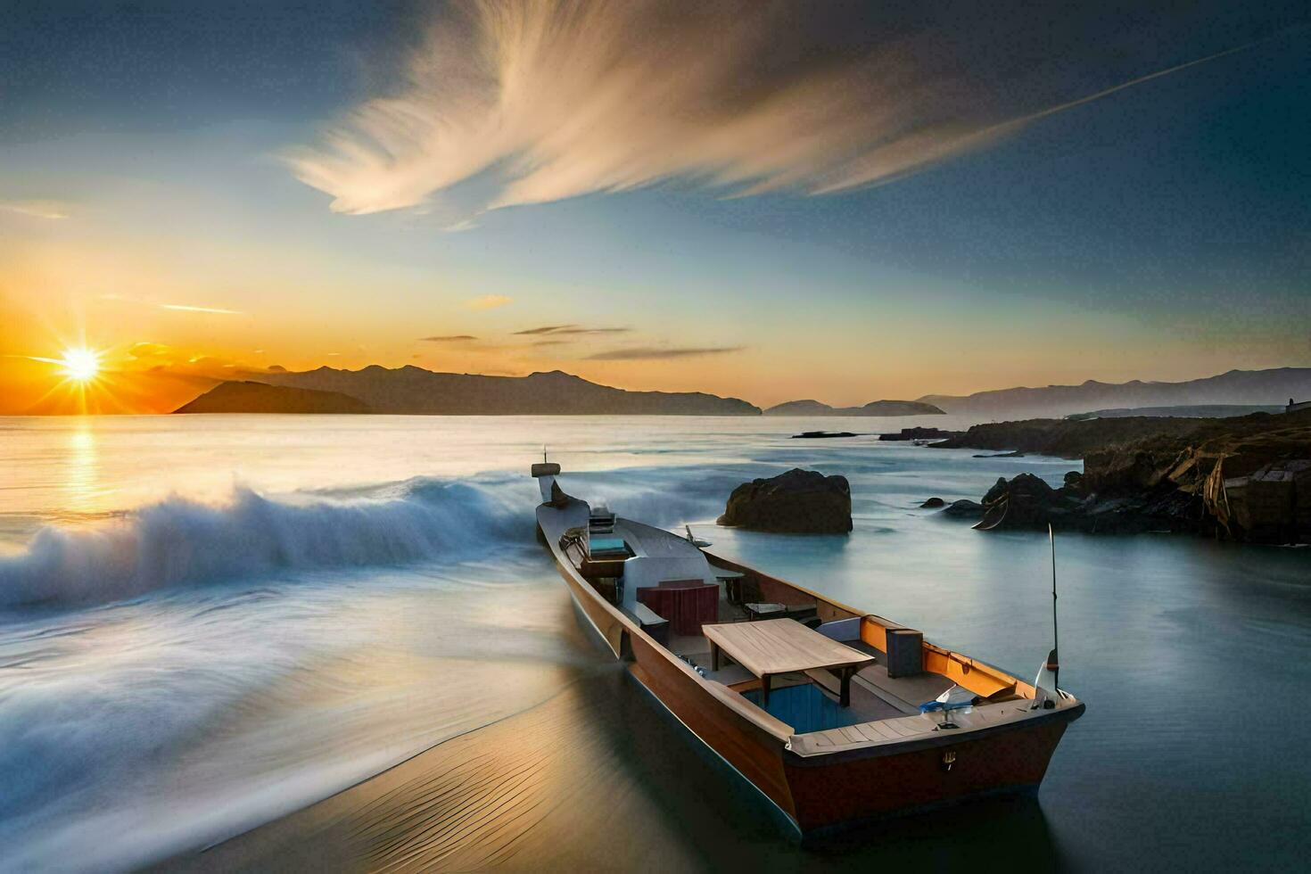 un barco en el Oceano a puesta de sol. generado por ai foto