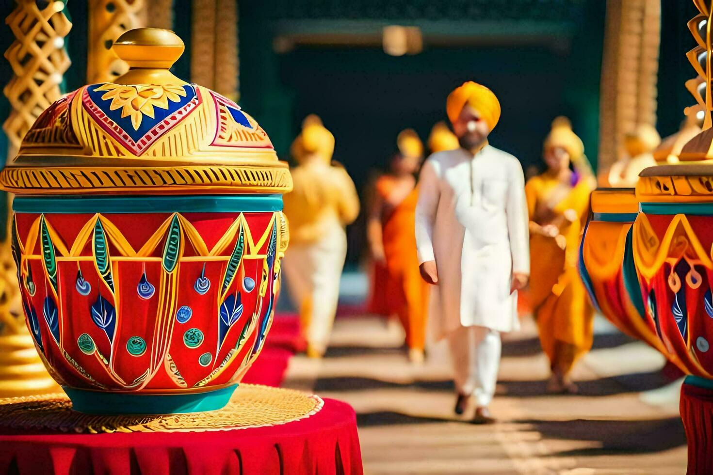 a man in a turban walking through a room with colorful vases. AI-Generated photo