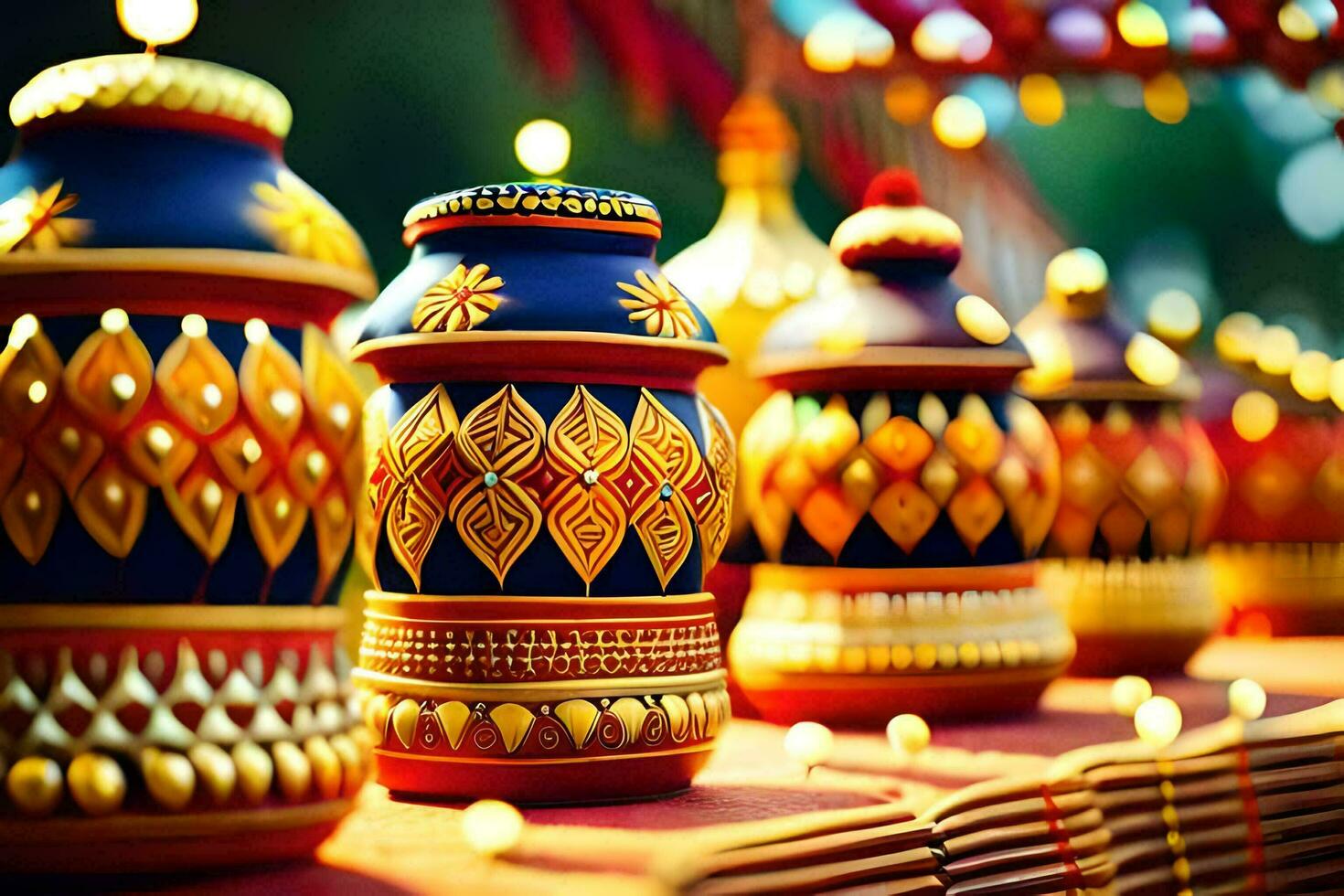 many colorful vases are lined up on a table. AI-Generated photo