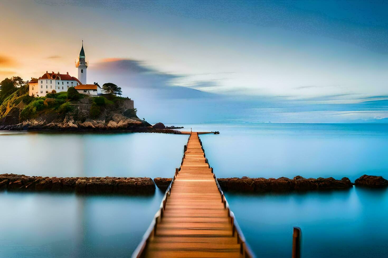 un de madera muelle Guías a un faro a puesta de sol. generado por ai foto