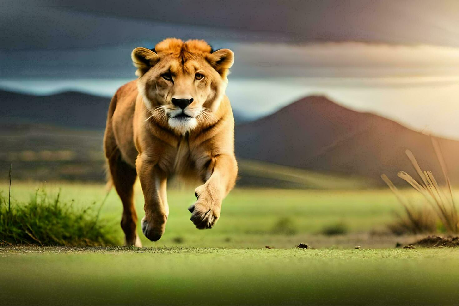 a lion running across a field. AI-Generated photo