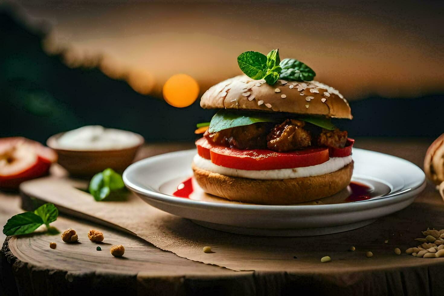 a burger with tomatoes and cheese on a plate. AI-Generated photo