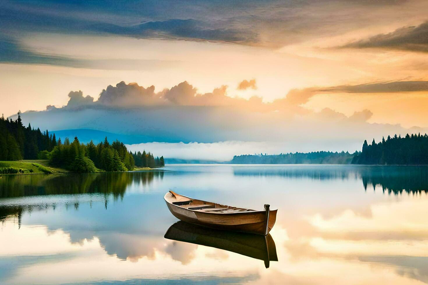 a boat sits on the calm water at sunset. AI-Generated photo