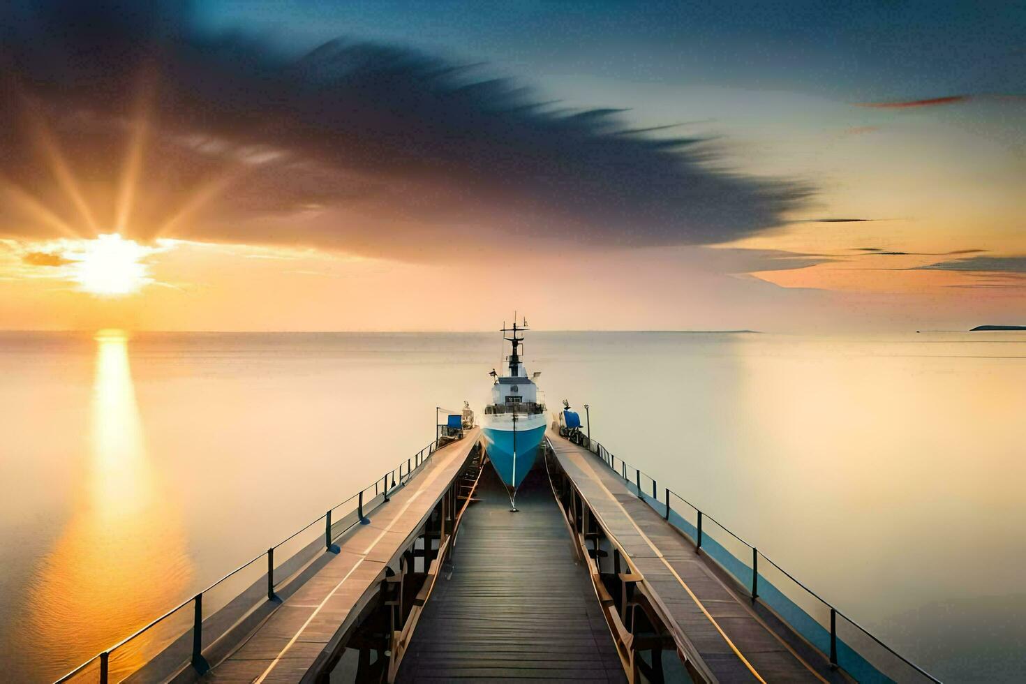 a boat docked at the end of a pier at sunset. AI-Generated photo