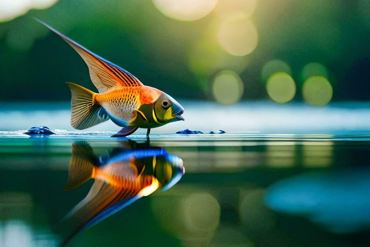 a fish with bright colors is standing on the water. AI-Generated photo