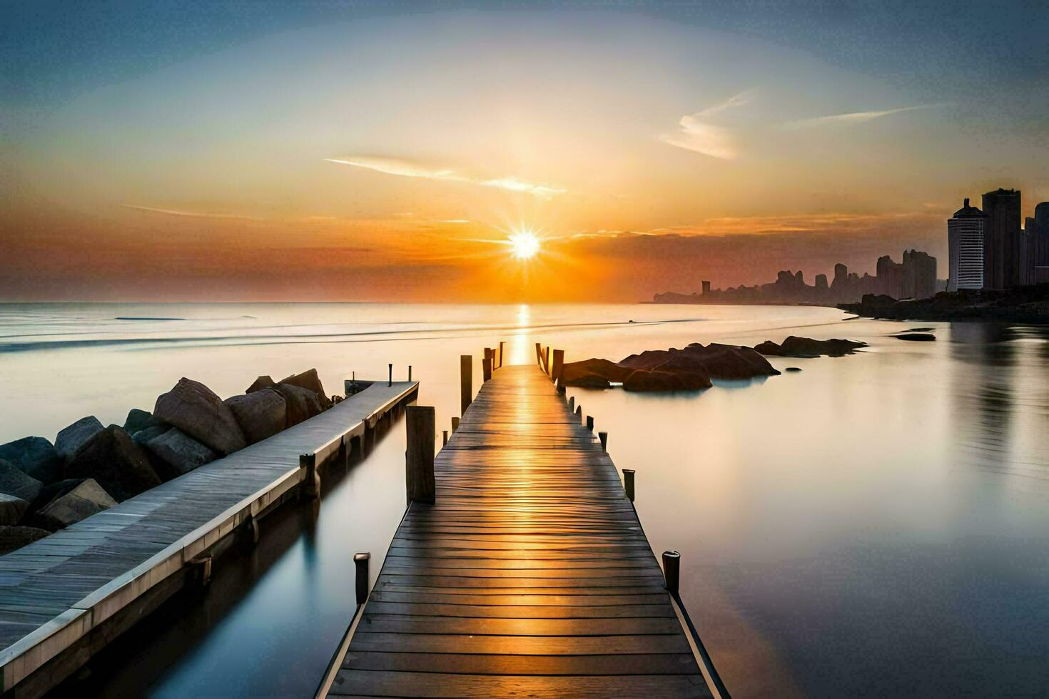 a pier at sunset with a city skyline in the background. AI-Generated photo