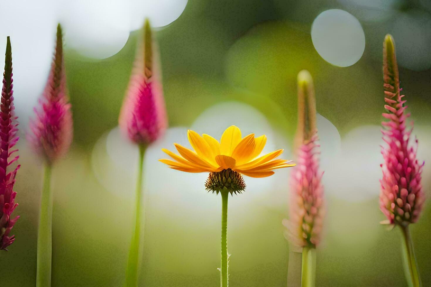 a yellow flower is standing out in the middle of a field. AI-Generated photo